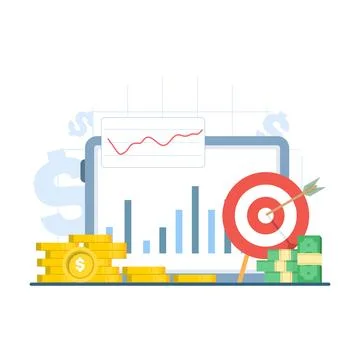 Financial growth chart concept with tablet, target arrow, and gold coin. Stock Illustration