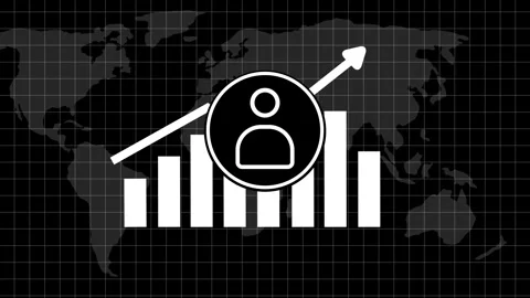 Financial Growth Chart with Global Map Background and User Icon Progression Видео 342248184