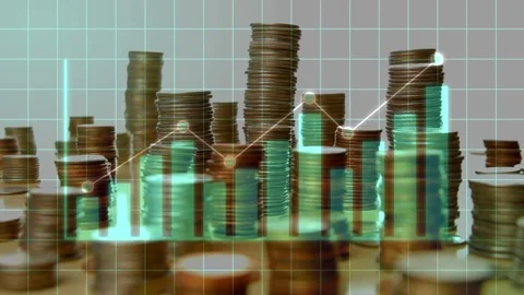 Financial Growth Graph Overlaid on Stacks of Coins Stock-Footage 335830672