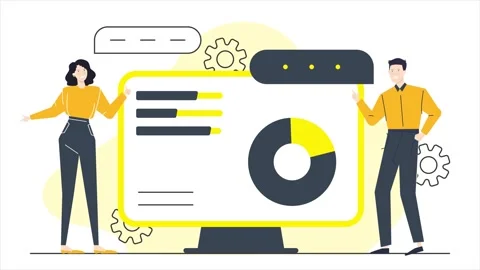 Financial growth graphic on computer screen with businesspeople character Video stock 280652559