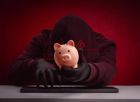 Financial hacking concept with masked hacker stealing piggy bank and warnin.. Stock Photos