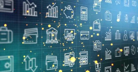 Financial icon grid shifting while camera panning, glowing particles and discs Stock Illustration