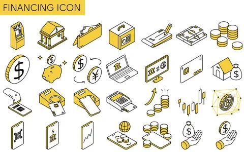 Financial icon set of 28 items, simple line drawing icon, isometric illustr.. 스톡 일러스트