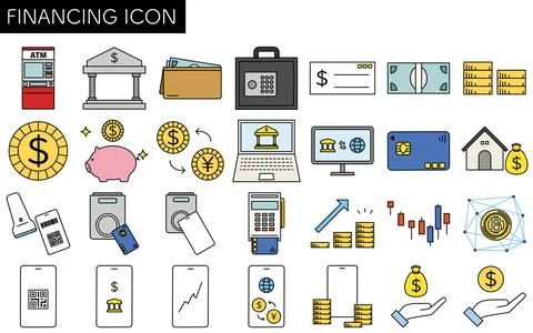 Financial icon set of 28 items, simple line drawing icon, illustration of m.. Stock-Illustration