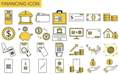 Financial icon set of 28 items, simple line drawing icon, illustration of m.. Illustrazione stock