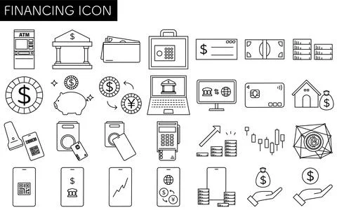 Financial icon set of 28 items, simple line drawing icon, illustration of m.. Stock-Illustration
