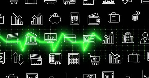 Financial icons and data processing image over black background with green grid Foto stock
