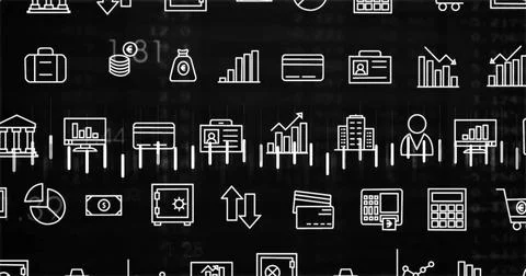Financial icons and data processing image over black background Stock Photos