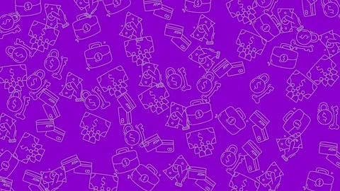 Financial icons and money pattern on bright purple background Stock Footage 344909105