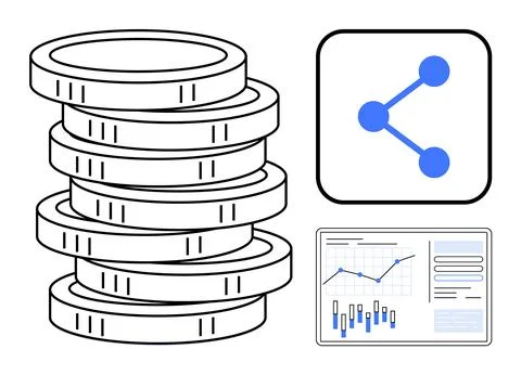 Financial icons with stack of coins, network connection symbol, and data da.. Stock Illustration