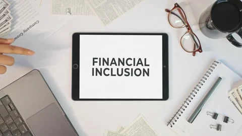 FINANCIAL INCLUSION DISPLAYING ON A TABLET SCREEN Stock Footage 308076623