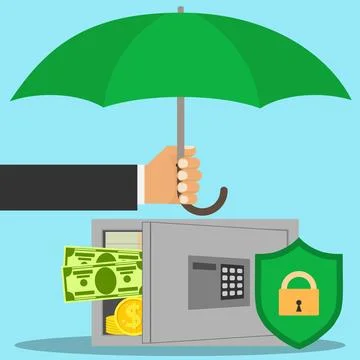 Financial insurance vector safe box with money under green umbrella Stockillustratie