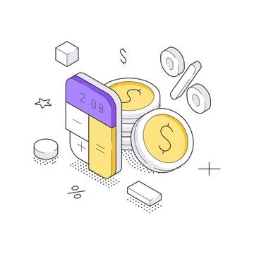 A financial isometric vector illustration with a calculator and coins. Repres Stock Illustration