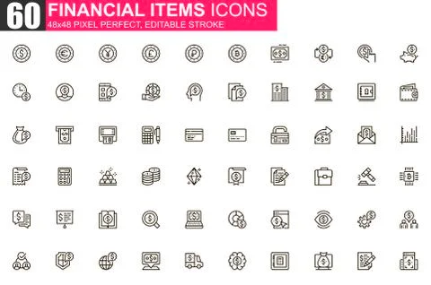 Financial items thin line icon set. Stock Illustration
