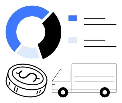 Financial Logistics and Data Visualization with Coin, Truck, and Pie Chart Stock Illustration