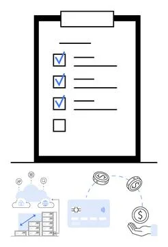 Financial Management Checklist with Cloud Computing and Contactless Payment.. Stock Illustration