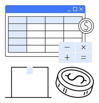 Financial management tools with spreadsheet, calculator icons, currency sym.. Illustrazione stock