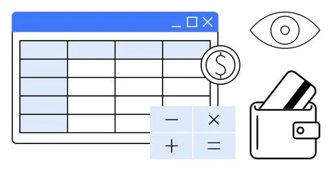 Financial Management Tools Spreadsheet, Calculator, Wallet, and Eye Symbol .. Stock Illustration