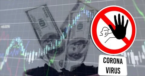 Financial market data processing and covid 19 warning sign against american Illustrazione stock