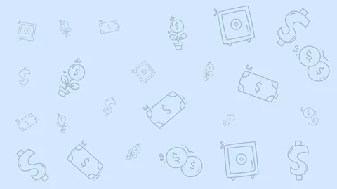 Financial money icons doodle pattern background on light blue surface Stock Footage 344875555
