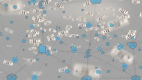 Financial network moving after camera shift and physics, bills drifting, nodes Видео 328469652