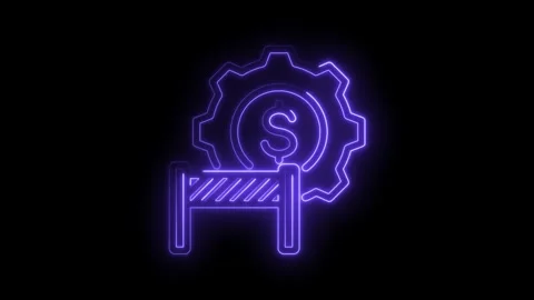 Financial obstacles neon animation dollar symbol in gear with roadblock concept Stock Footage 330784387