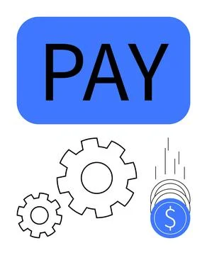 Financial Payment Process Concept with Blue Pay Button, Gears, and Falling .. Stock Illustration