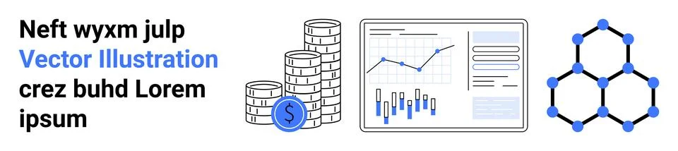Financial Performance Analysis with Graphs, Coins, and Molecular Structure Illustrazione stock