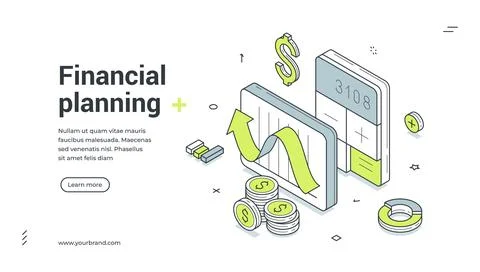 Financial planning accounting analyzing isometric web banner design template  Illustrazione stock