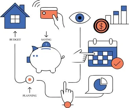 Financial planning and saving concept with icons and piggy bank. Stock Illustration