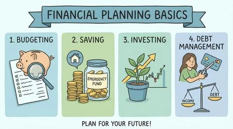 Financial planning basics explained with budgeting saving investing and deb.. Stock Illustration
