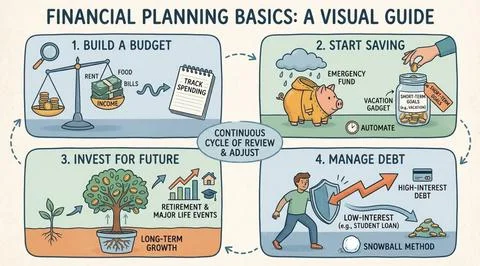 Financial planning basics visual guide for budgeting saving investing and d.. Stock Illustration
