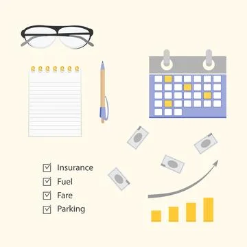 Financial planning concept illustration with notepad, pen, calendar, glasse.. Stock Illustration