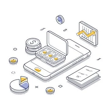 Financial planning with digital elements and various financial icons Illustrazione stock