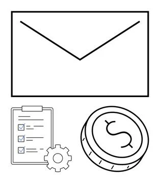 Financial Planning Elements Including Envelope, Checklist with Gear, and Co.. Illustrazione stock