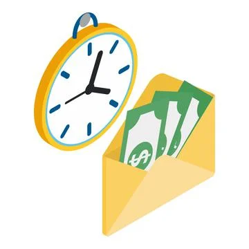 Financial planning icon isometric vector. Wall clock and dollar bill in envelope Stock Illustration