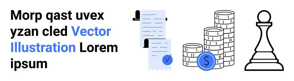 Financial Planning Receipts, Coins Stack, Chess Pawn Highlighting Strategy Stock Illustration