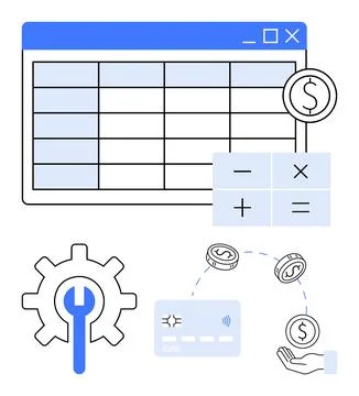 Financial planning tools including spreadsheet, calculator, gear icon, cred.. Stock Illustration