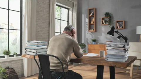 Financial problem concerned man sits in the home office looking at bills Video stock 245357703