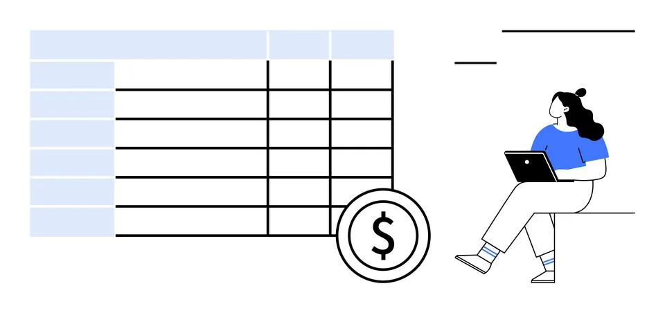 Financial professional sitting on a bench using a laptop, analyzing a large s Illustrazione stock