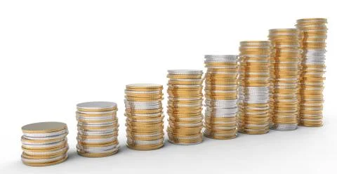 Financial progress: golden and silver coins stacks Illustrazione stock