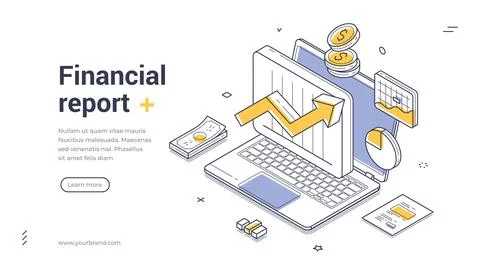 Financial Report And Data Analysis Isometric Banner Vector Web Illustration 스톡 일러스트