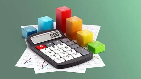 Financial report with a calculator, documents and blocks. 3D illustration Illustrazione stock