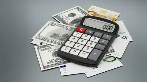 Financial report with a calculator, documents and blocks. 3D illustration Illustrazione stock