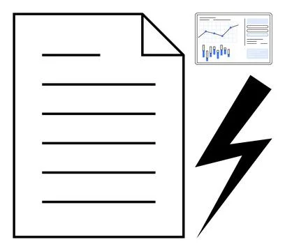 Financial report document, data analysis chart with graphs, lightning bolt sy イラスト素材