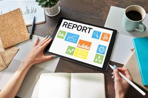 Financial report form on device screen. Business and finance concept. 스톡 사진