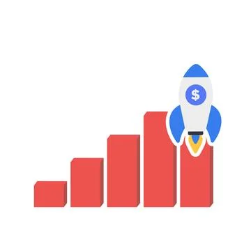 Financial report graph with exponential arrow from flying rocket Illustrazione stock