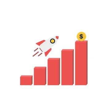 Financial report graph with exponential arrow from flying rocket Illustrazione stock
