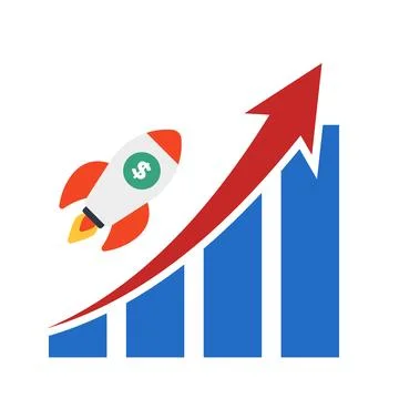 Financial report graph with exponential arrow from flying rocket Illustrazione stock