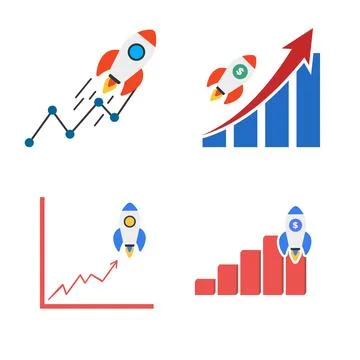 Financial report graph with exponential arrow from flying rocket Illustrazione stock
